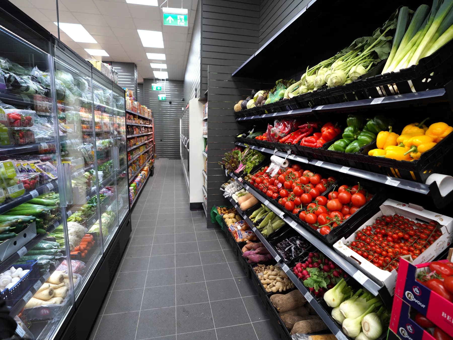 Fresh fruit and vegetables displayed inside Fresh Local Royal Wharf